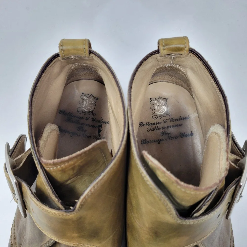 Bettanin & Venturi Barneys New York Mens Sz 9 Olive Leather Monk Strap Boots 354